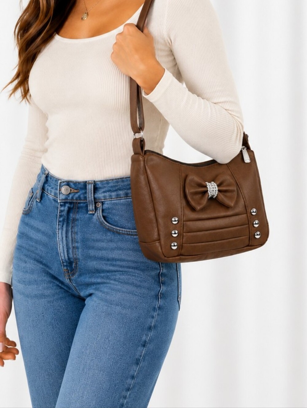 👜 NWT Chuns Fashion Brown Bow Rhinestone Studded Shoulder Crossbody Bag